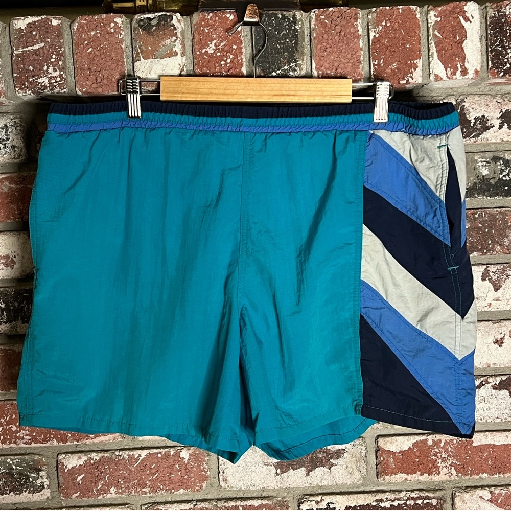 Vintage Men’s Catalina Teal/Navy/White Stripes Swim Shorts